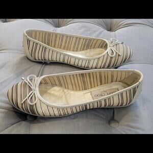 Jimmy Choo Walsh Ballet Flats Shoes Ivory Gray Metallic Striped Bow Womens 38.5